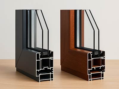 Dos muestras de perfiles de ventana de aluminio con doble acristalamiento, uno en color gris y otro imitación madera