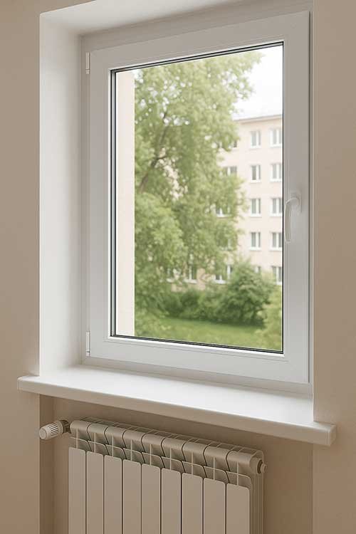 Ventana de PVC blanca con doble acristalamiento y radiador debajo