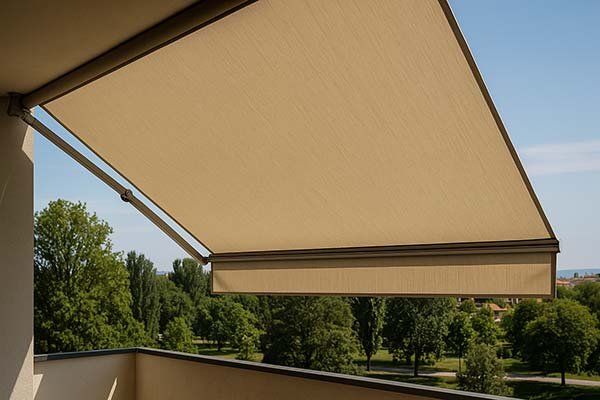 Toldo beige desplegado en un balcón con vistas a zonas verdes