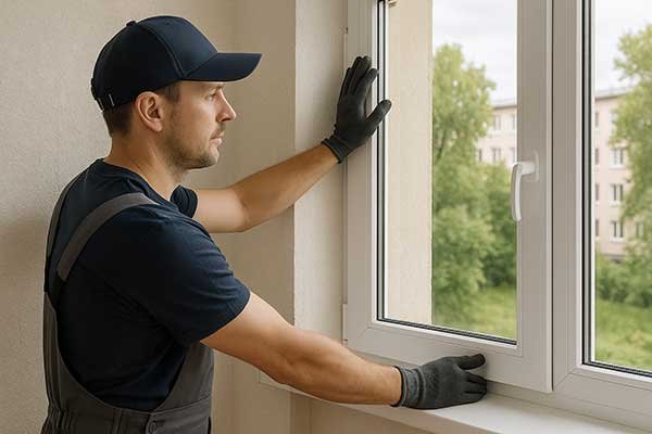 Instalador colocando ventana de PVC blanca en una vivienda