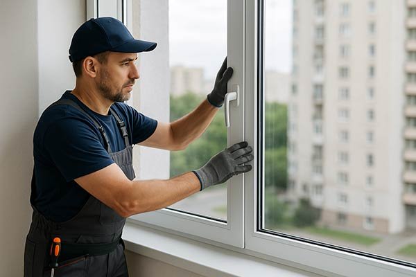 Instalador ajustando una ventana de aluminio blanca en un edificio