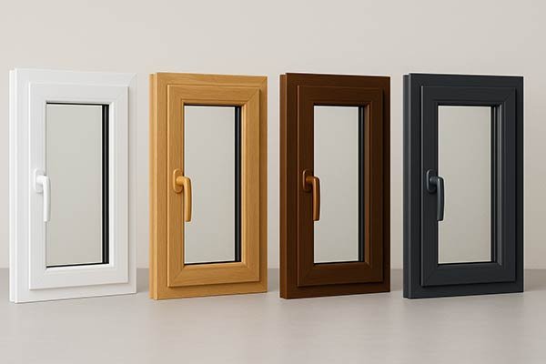 Cuatro modelos de ventanas de PVC en diferentes colores apoyadas en el suelo