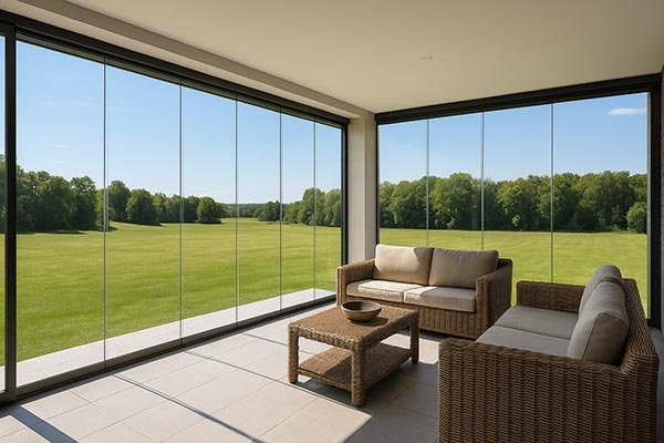 Terraza cerrada con cortinas de cristal y vistas a un campo verde