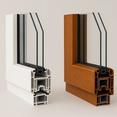 Dos muestras de perfiles de ventana de PVC con doble acristalamiento, una blanca y otra imitación madera
