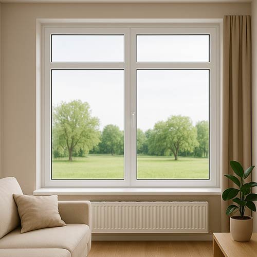 Ventana de PVC blanca de dos hojas con vistas a un jardín